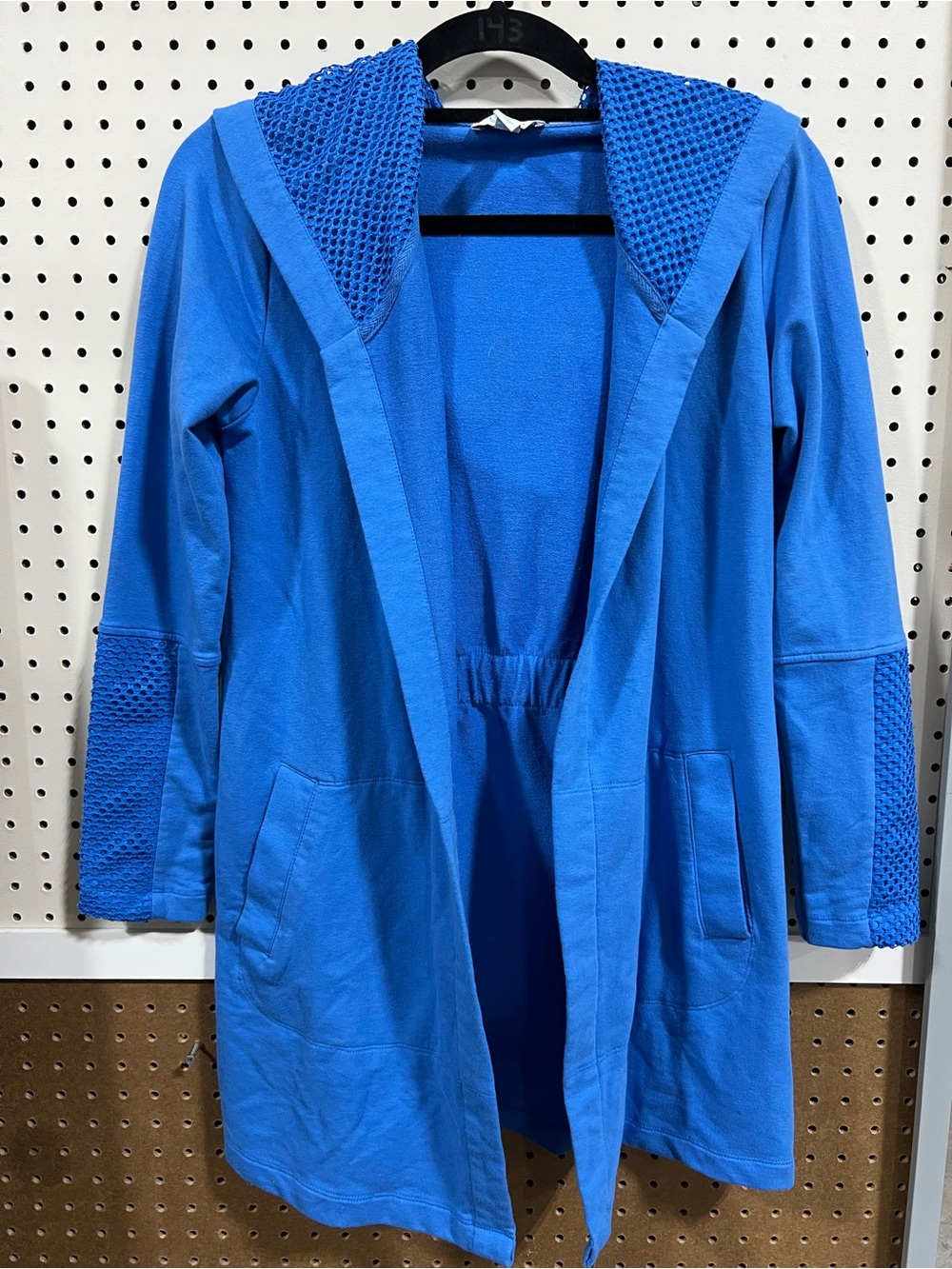 d&co Active Blue Hooded Open Front Cardigan | Mesh Trim | XS